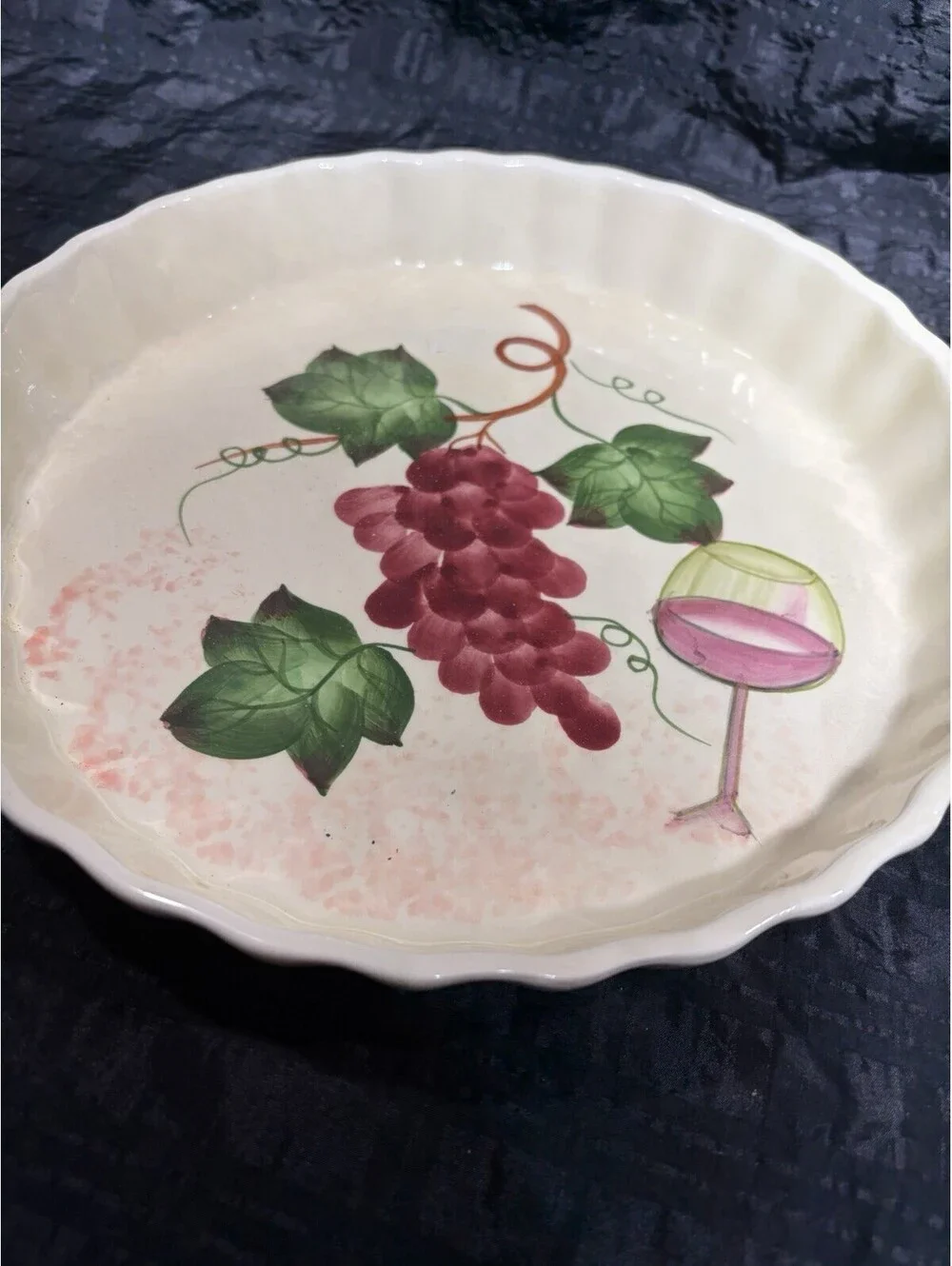 2 Quiche Baking Serving Dish Pan Ceramic 9.5” Diameter-Grapes & Wine Glass